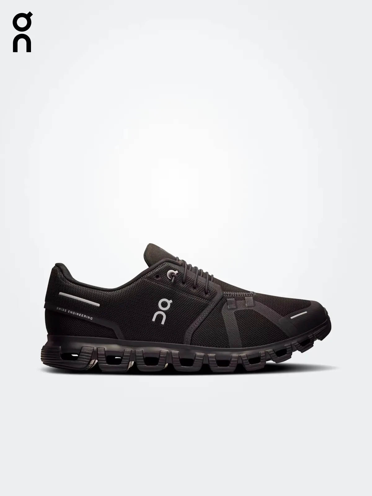 Cloud 5 all-black lifestyle running shoe, triple black colorway, side view