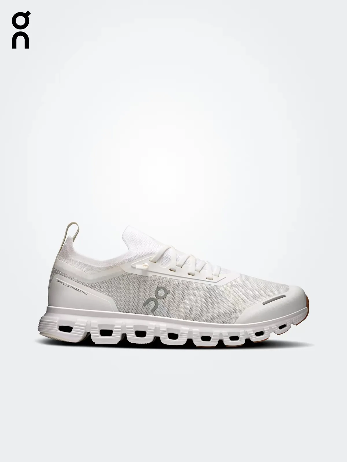 Cloud 5 all-white lightweight knit lifestyle running shoe, side view