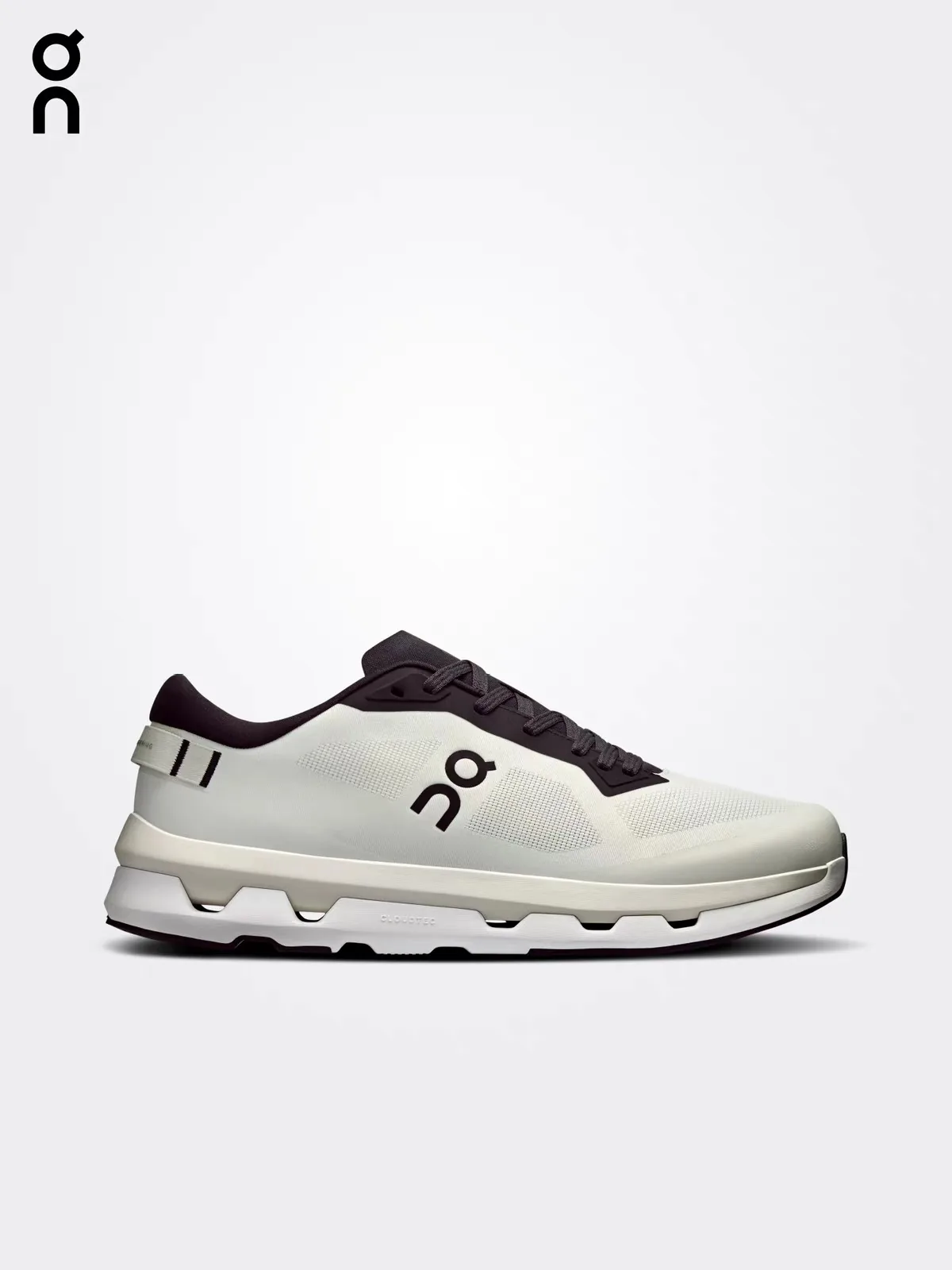 Cloud Nova off-white lifestyle sneaker with black collar and laces, side view